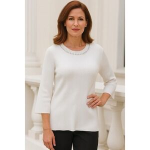 NANETTE Nanette Lepore Jewelneck White Ribbed Elbow Sleeve Sweater Large Classic